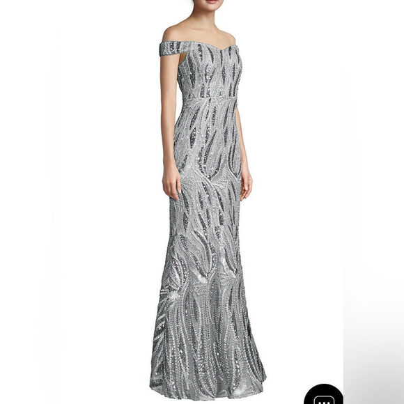 AIDAN MATTOX Beaded Sequins Off Shoulder Silver Women’s Formal Dress Size 8, 10 - Picture 1 of 11